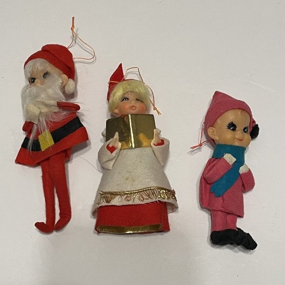 3- VINTAGE CHRISTMAS Ornaments PIXIE ELF KNEE HUGGERS Choir Rubber Face Japan - Picture 2 of 11